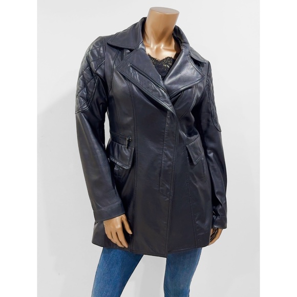 Laundry By Shelli Segal Black Zip Front Leather Trench Coat Jacket Size M - Picture 4 of 11